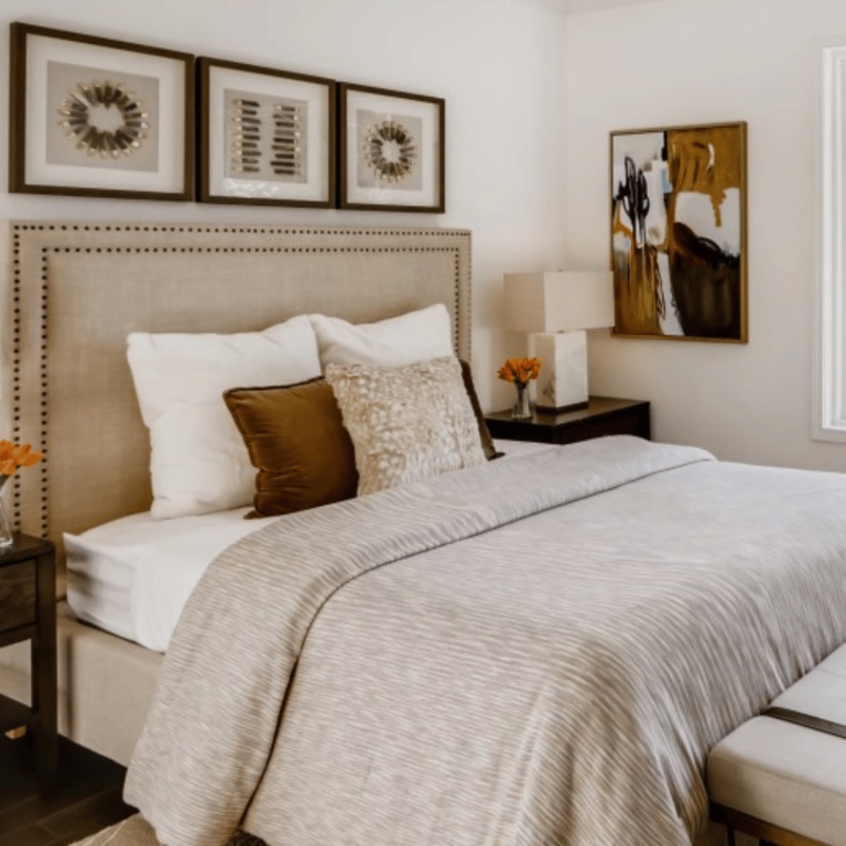 Modern Lake Spivey GA - Jonesboro GA Primary Bedroom Home Renovation Design with furnishings, artwork, decor, and accessories | THE SAVVY ID Interior Design